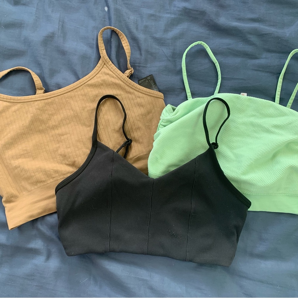 Set of Three Ribbed Bralettes in Black, Green, and Tan